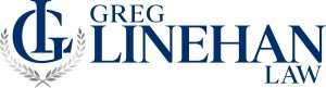 Linehan Law logo: Blue shield with the words "Linehan Law" and a laurel wreath.