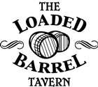 Black and white illustration of two barrels with the text "The Loaded Barrel Tavern" beneath them.