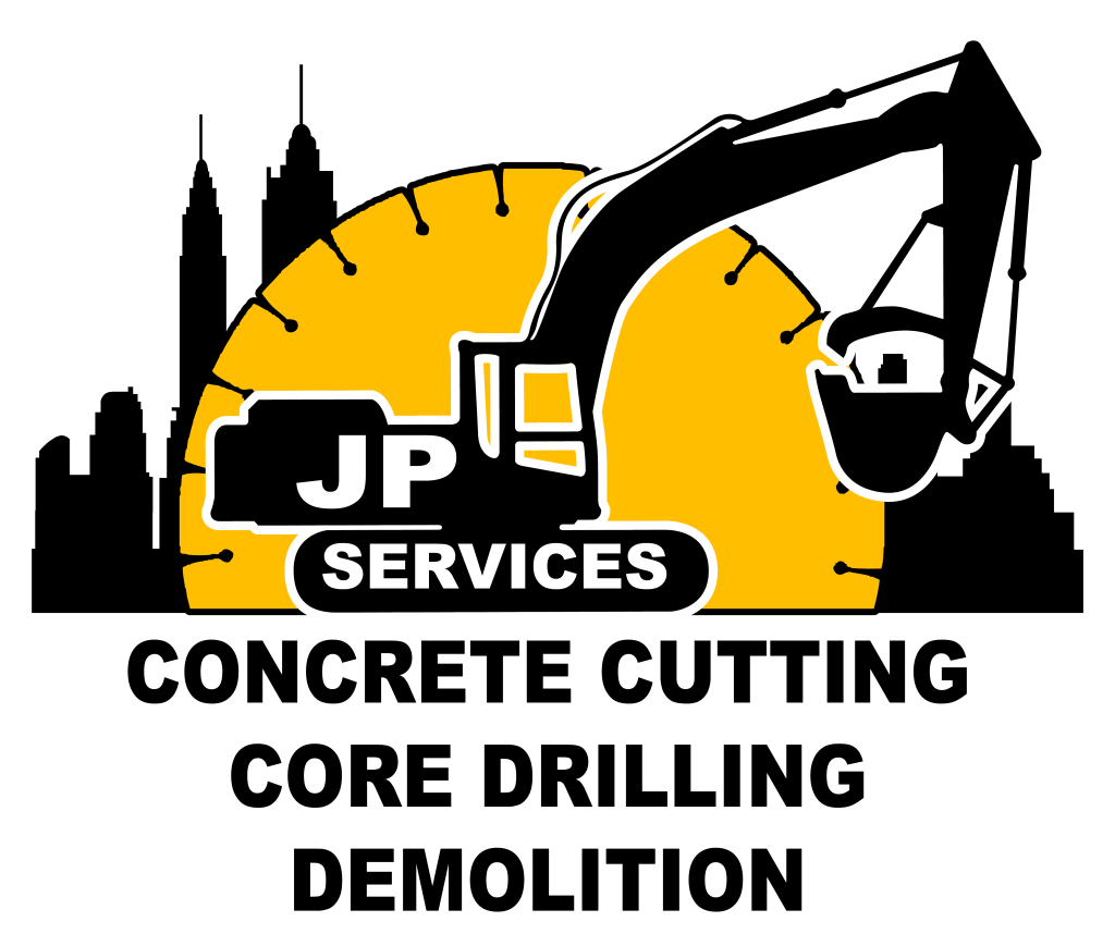 Excavator graphic with "JP SERVICES" logo and text reading "CONCRETE CUTTING CORE DRILLING DEMOLITION"