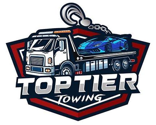 Towing truck lifting a blue sports car.